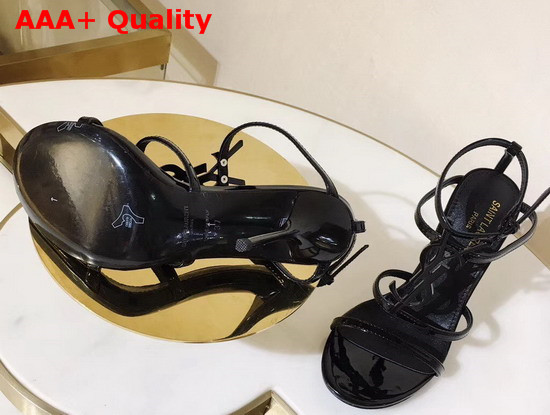 Saint Laurent Cassandra Sandals with Black Logo in Patent Leather Black Replica