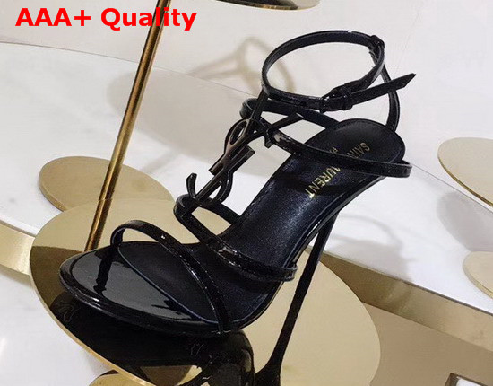 Saint Laurent Cassandra Sandals with Black Logo in Patent Leather Black Replica