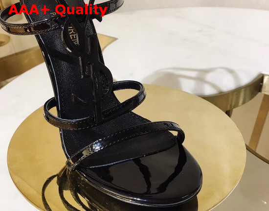 Saint Laurent Cassandra Sandals with Black Logo in Patent Leather Black Replica