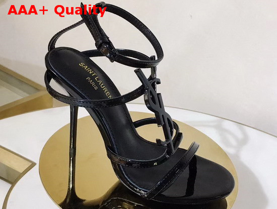 Saint Laurent Cassandra Sandals with Black Logo in Patent Leather Black Replica