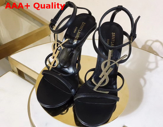 Saint Laurent Cassandra Sandals with Gold Logo in Smooth Leather Black Replica