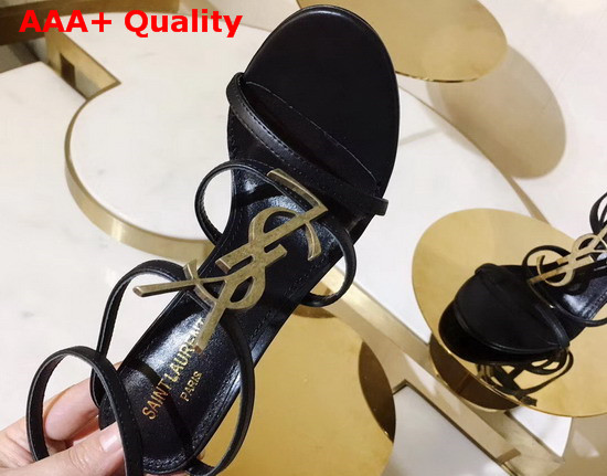 Saint Laurent Cassandra Sandals with Gold Logo in Smooth Leather Black Replica