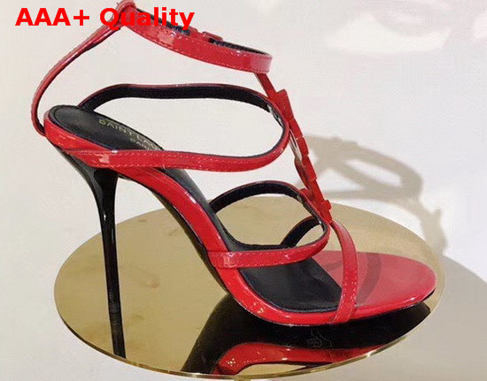 Saint Laurent Cassandra Sandals with Red Logo in Patent Leather Red Replica