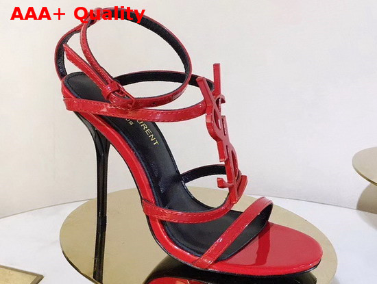 Saint Laurent Cassandra Sandals with Red Logo in Patent Leather Red Replica