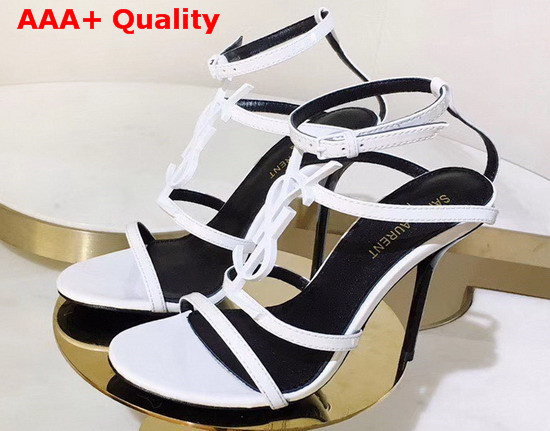 Saint Laurent Cassandra Sandals with White Logo in Smooth Leather White Replica