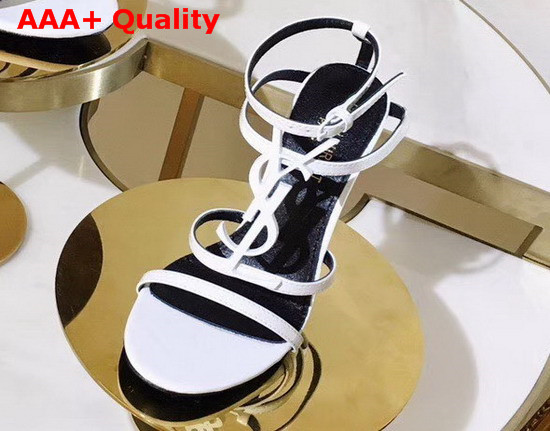 Saint Laurent Cassandra Sandals with White Logo in Smooth Leather White Replica