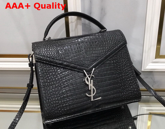 Saint Laurent Cassandra Top Handle Medium Bag in Shiny Crocodile Embossed Leather Black Replica