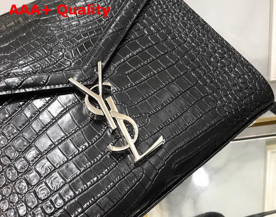 Saint Laurent Cassandra Top Handle Medium Bag in Shiny Crocodile Embossed Leather Black Replica