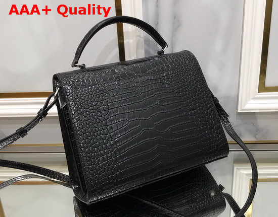 Saint Laurent Cassandra Top Handle Medium Bag in Shiny Crocodile Embossed Leather Black Replica