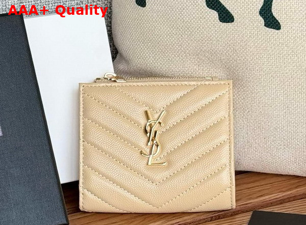 Saint Laurent Cassandre Matelasse Bi Fold Wallet in Dark Beige Grain de Poudre Leather Replica