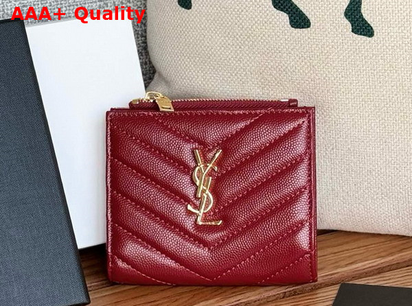 Saint Laurent Cassandre Matelasse Bi Fold Wallet in Dark Red Grain de Poudre Leather Replica