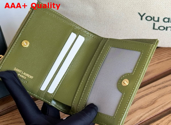 Saint Laurent Cassandre Matelasse Bi Fold Wallet in Olive Green Grain de Poudre Leather Replica