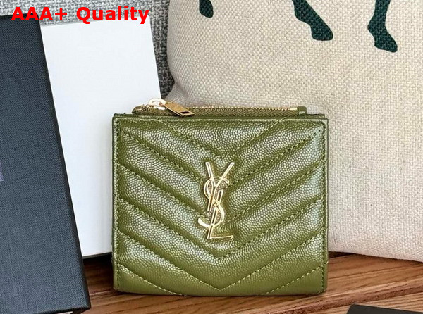 Saint Laurent Cassandre Matelasse Bi Fold Wallet in Olive Green Grain de Poudre Leather Replica