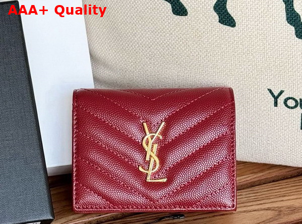 Saint Laurent Cassandre Matelasse Flap Card Case in Dark Red Grain de Poudre Leather Replica