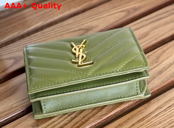 Saint Laurent Cassandre Matelasse Flap Card Case in Olive Green Grain de Poudre Leather Replica