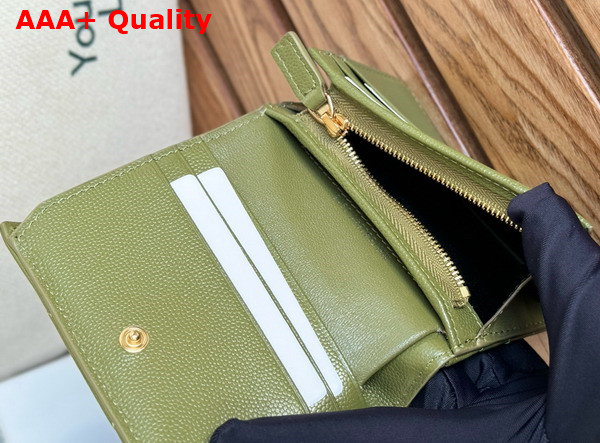 Saint Laurent Cassandre Matelasse Flap Card Case in Olive Green Grain de Poudre Leather Replica