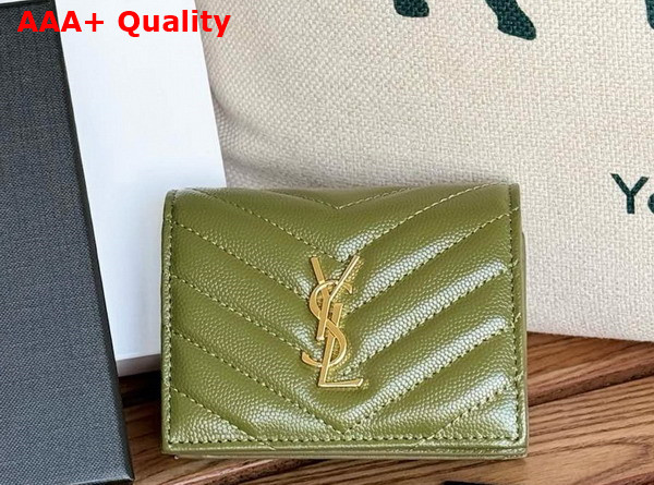 Saint Laurent Cassandre Matelasse Flap Card Case in Olive Green Grain de Poudre Leather Replica