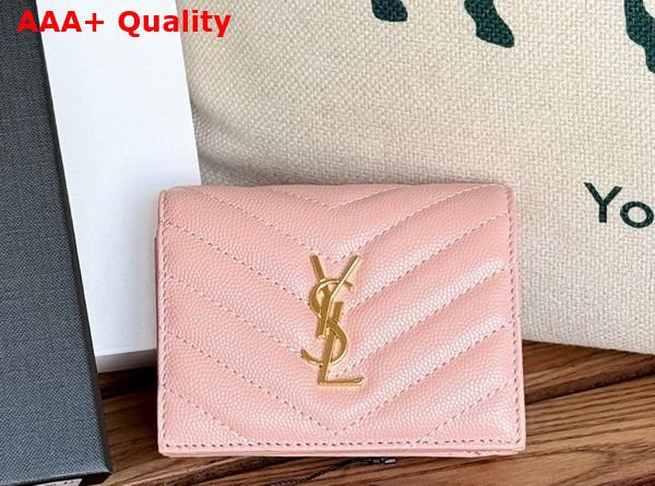 Saint Laurent Cassandre Matelasse Flap Card Case in Pink Grain de Poudre Leather Replica