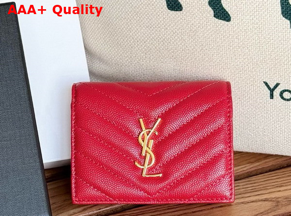 Saint Laurent Cassandre Matelasse Flap Card Case in Red Grain de Poudre Leather Replica