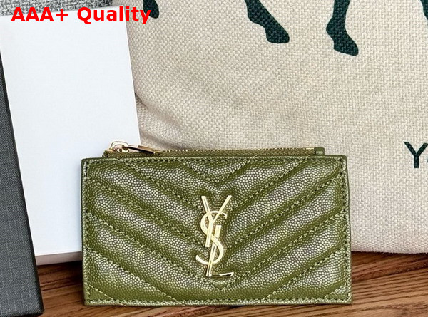 Saint Laurent Cassandre Matelasse Fragments Card Case in Olive Green Grain de Poudre Leather Replica