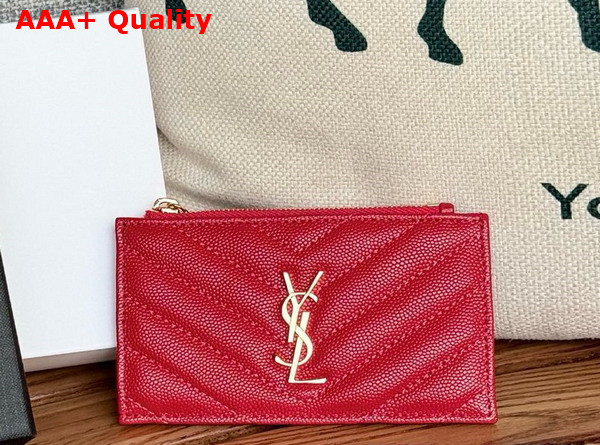 Saint Laurent Cassandre Matelasse Fragments Card Case in Red Grain de Poudre Leather Replica