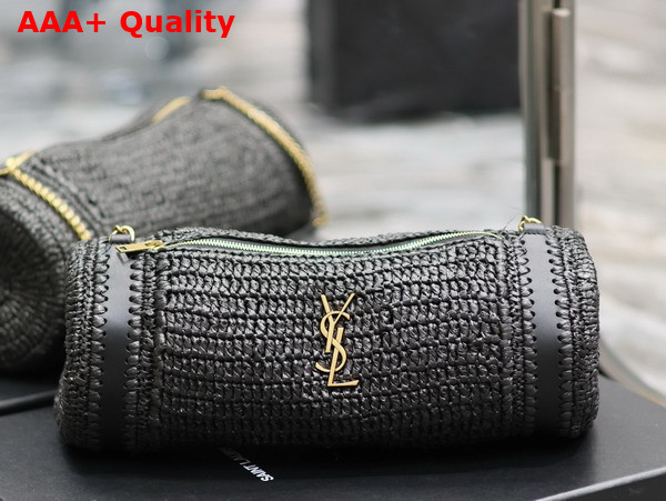 Saint Laurent Cassandre Small Cylindric Bag in Black Raffia and Vegetable Tanned Leather Replica