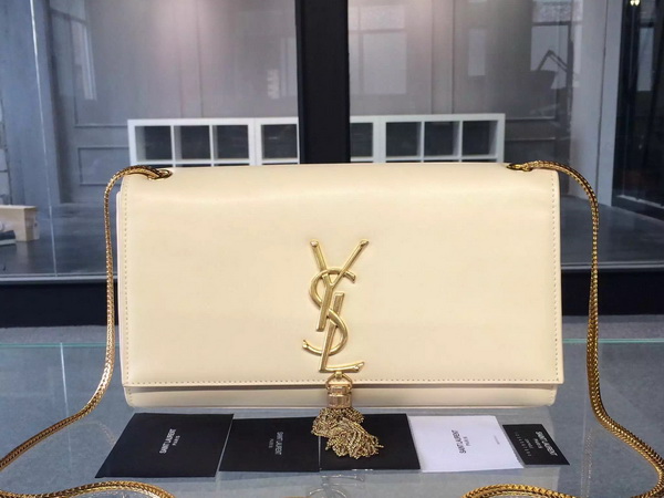 Saint Laurent Classic Large Monogram Saint Laurent Tassel Satchel in Beige Leather for Sale