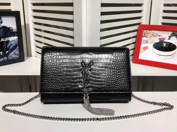 Saint Laurent Classic Medium Kate Monogram Saint Laurent Tassel Satchel in Black Crocodile Embossed Leather For Sale