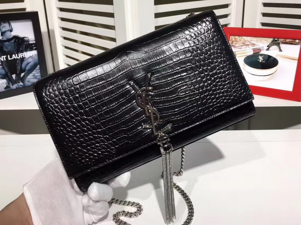 Saint Laurent Classic Medium Kate Monogram Saint Laurent Tassel Satchel in Black Crocodile Embossed Leather For Sale