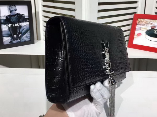 Saint Laurent Classic Medium Kate Monogram Saint Laurent Tassel Satchel in Black Crocodile Embossed Leather For Sale