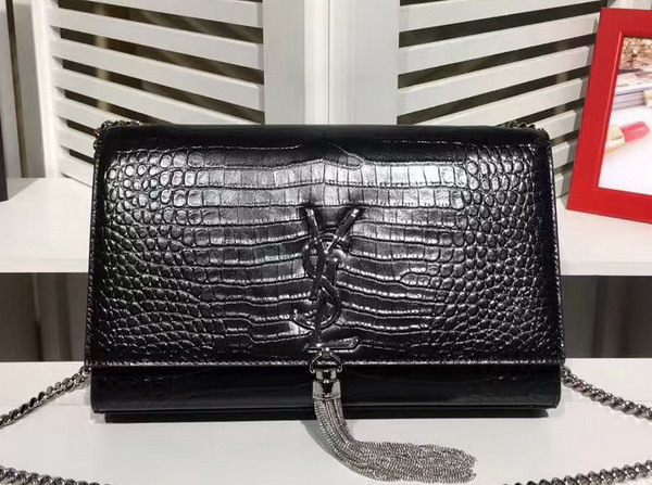 Saint Laurent Classic Medium Kate Monogram Saint Laurent Tassel Satchel in Black Crocodile Embossed Leather For Sale