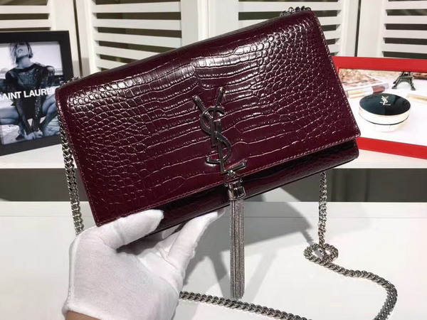 Saint Laurent Classic Medium Kate Monogram Saint Laurent Tassel Satchel in Bordeaux Crocodile Embossed Leather For Sale