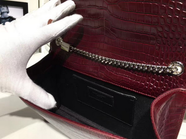 Saint Laurent Classic Medium Kate Monogram Saint Laurent Tassel Satchel in Bordeaux Crocodile Embossed Leather For Sale