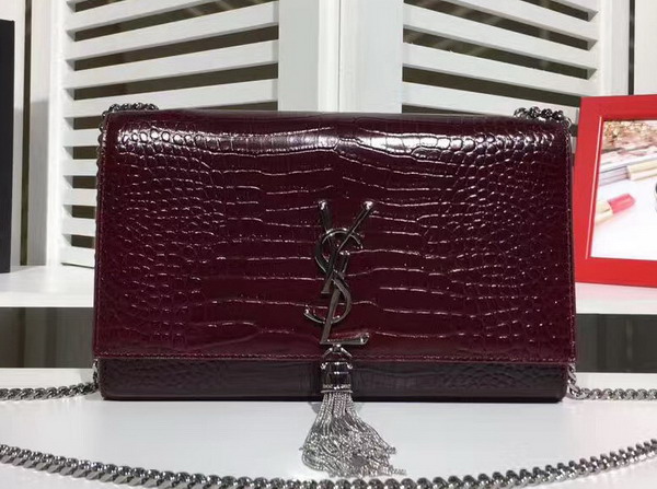 Saint Laurent Classic Medium Kate Monogram Saint Laurent Tassel Satchel in Bordeaux Crocodile Embossed Leather For Sale