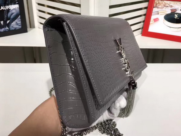 Saint Laurent Classic Medium Kate Monogram Saint Laurent Tassel Satchel in Dark Anthracite Crocodile Embossed Leather For Sale