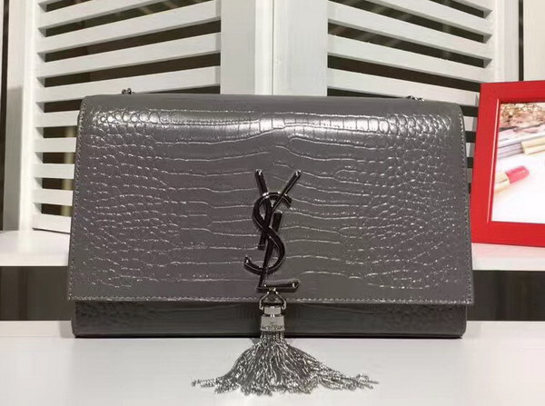 Saint Laurent Classic Medium Kate Monogram Saint Laurent Tassel Satchel in Dark Anthracite Crocodile Embossed Leather For Sale