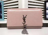 Saint Laurent Classic Medium Kate Monogram Saint Laurent Tassel Satchel in Pink Crocodile Embossed Leather For Sale