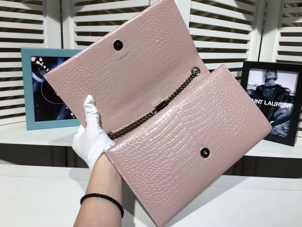 Saint Laurent Classic Medium Kate Monogram Saint Laurent Tassel Satchel in Pink Crocodile Embossed Leather For Sale