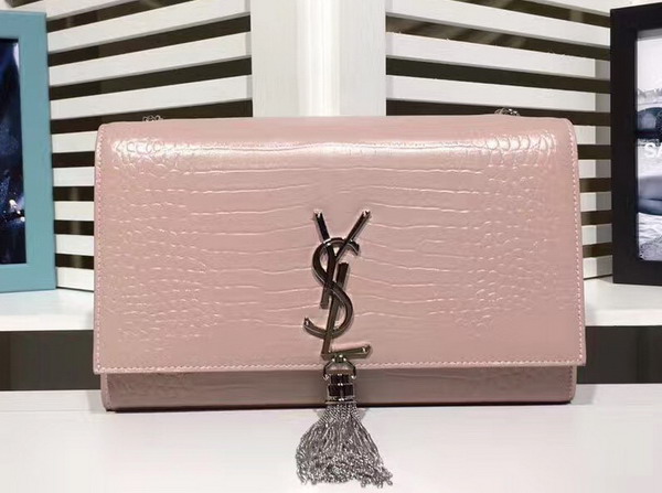 Saint Laurent Classic Medium Kate Monogram Saint Laurent Tassel Satchel in Pink Crocodile Embossed Leather For Sale