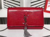 Saint Laurent Classic Medium Kate Monogram Saint Laurent Tassel Satchel in Red Crocodile Embossed Leather For Sale