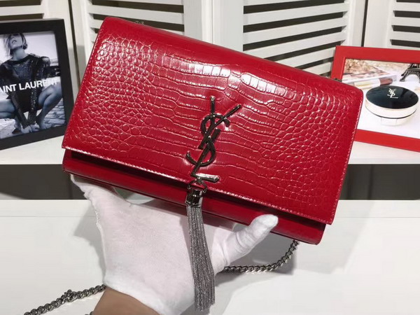 Saint Laurent Classic Medium Kate Monogram Saint Laurent Tassel Satchel in Red Crocodile Embossed Leather For Sale