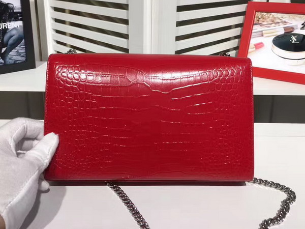 Saint Laurent Classic Medium Kate Monogram Saint Laurent Tassel Satchel in Red Crocodile Embossed Leather For Sale