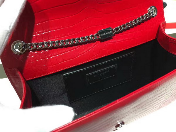 Saint Laurent Classic Medium Kate Monogram Saint Laurent Tassel Satchel in Red Crocodile Embossed Leather For Sale