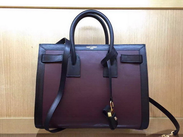 Saint Laurent Classic Small Sac De Jour Bag in Burgundy Leather with Black Handle for Sale