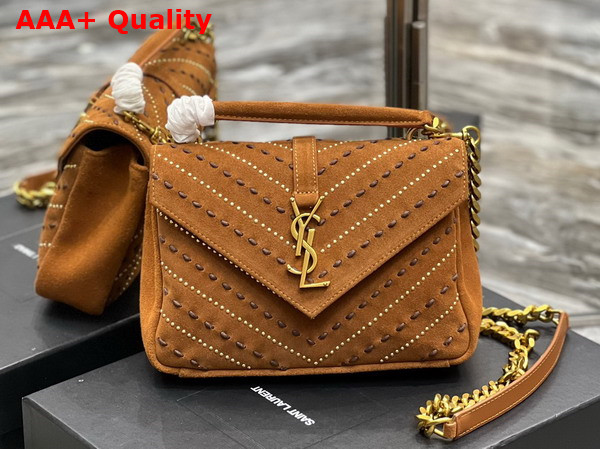 Saint Laurent College Medium Chain Bag in Cinnamon Quilted Suede with Chevron Stiching Details Replica