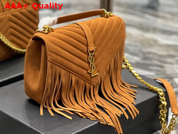 Saint Laurent College Medium Chain Bag in Light Suede with Fringes Cinnamon Replica