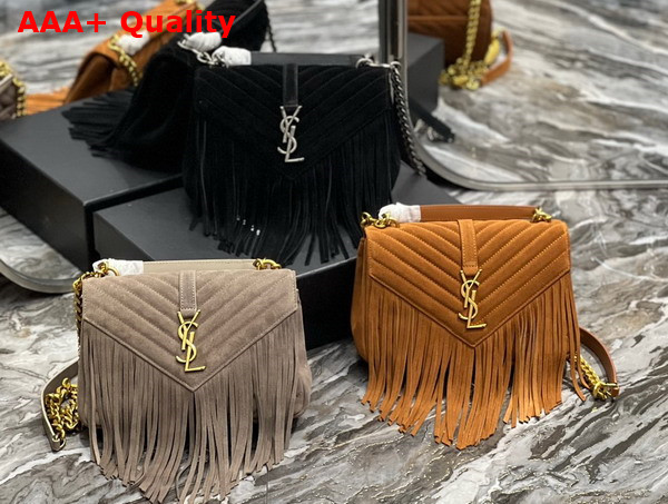 Saint Laurent College Medium Chain Bag in Light Suede with Fringes Cinnamon Replica