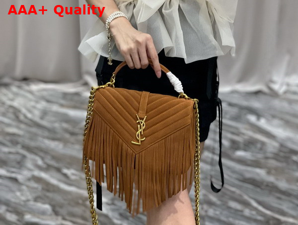 Saint Laurent College Medium Chain Bag in Light Suede with Fringes Cinnamon Replica