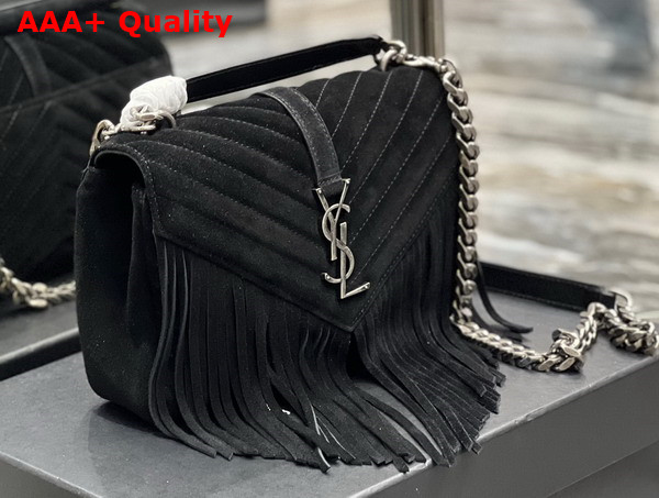 Saint Laurent College Medium Chain Bag in Light Suede with Fringes Noir Replica