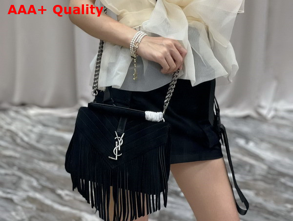 Saint Laurent College Medium Chain Bag in Light Suede with Fringes Noir Replica